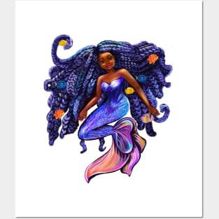 Black mermaid with flowing braids and fish Afro hair and caramel brown skin African American mermaids Posters and Art